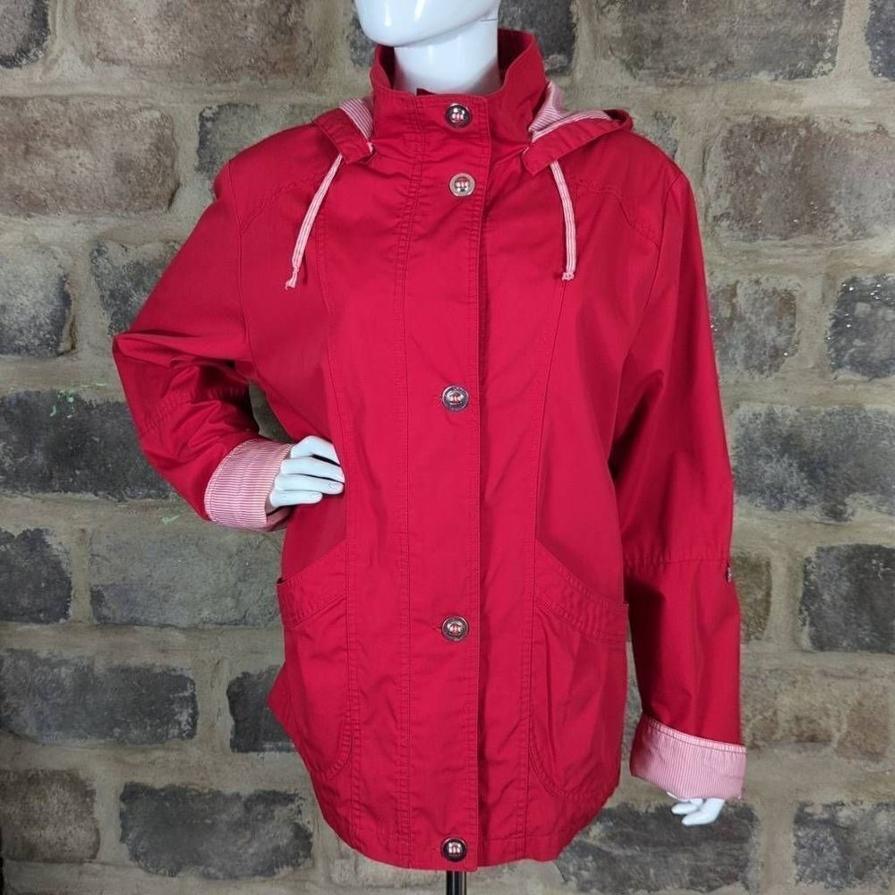 Mackintosh‎ New England Womens Red Hooded Pinstripe Trim Jacket Size L Preppy